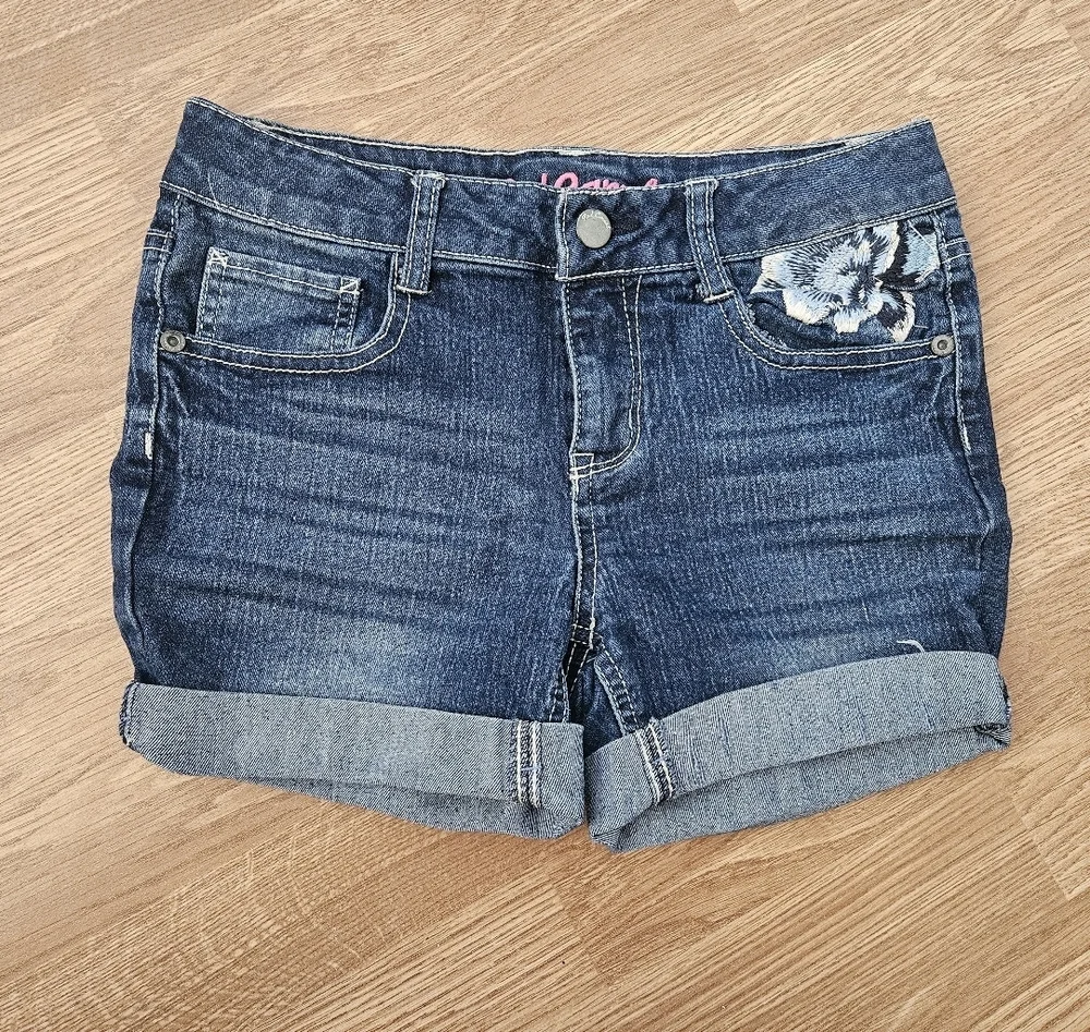 Red Camel Dark Blue Jean Shorts with Floral Embroidered Accents
